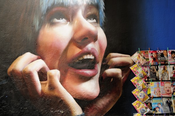 Mexico, Federal District, Mexico City, Condesa District Wall painting detail depicting face of