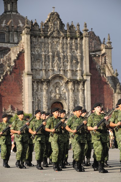 Mexico, Federal District, Mexico City, Military parade of the flag lowering ceremony in the Zocalo