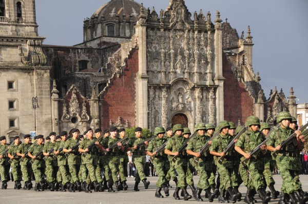 Mexico, Federal District, Mexico City, Military parade during daily Flag Lowering Ceremony in the
