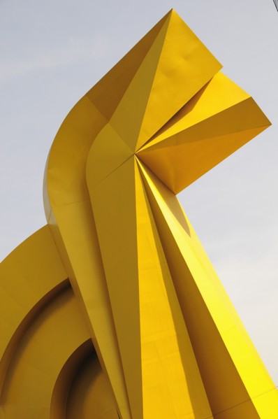 Mexico, Federal District, Mexico City, Detail of yellow Little Horse sculptural form in front of