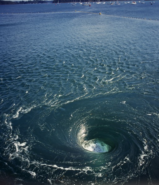 France, Bretagne, Barrage de la Rance, Rance Tidal Power Station. Whirlpool caused by tidal water