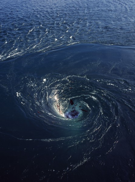 France, Bretagne, Barrage de la Rance, Rance Tidal Power Station. Whirlpool caused by tidal water