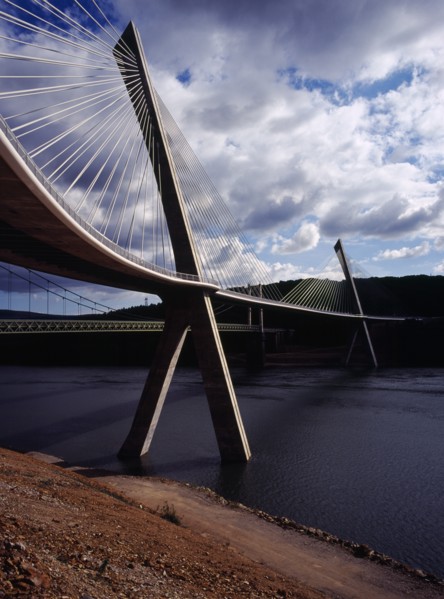 France, Bretagne, Finistere, Part view from North Bank of the Pont de Terenez suspension bridge