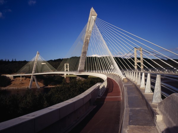 France, Bretagne, Finistere, View from South Bank left side of the Pont de Terenez suspension