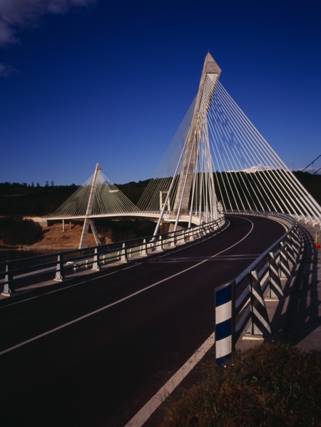 France, Bretagne, Finistere, View from South Bank right hand side of the Pont de Terenez suspension
