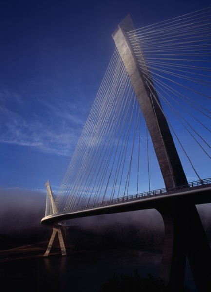 France, Bretagne, Finistere, Ile de Crozon. View of the new Pont de Terenez suspension bridge