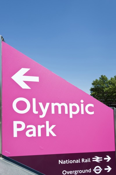 England, London, Stratford signage for the Olympic games at Stratford train station. Photo : Paul
