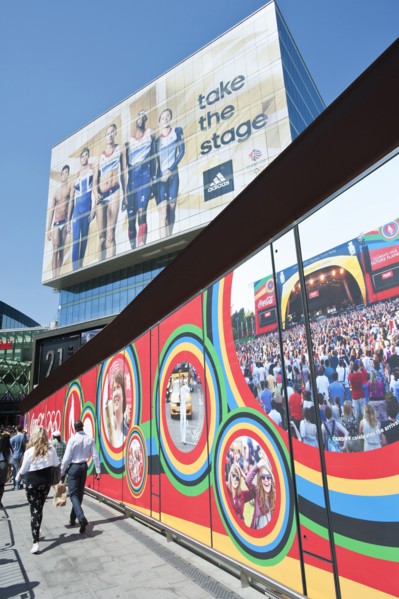 Advertisement for Adidas sponsorship of Great Britain athletes at the Westfield shopping centre and the Coca Cola bridge