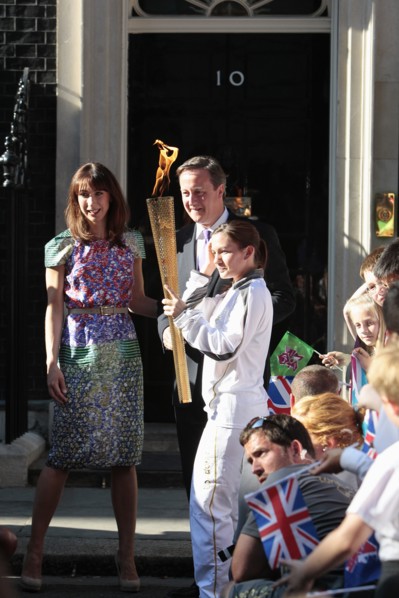 England, London, Olympic Torch relay in Downing Street Samantha and Prime Minister David Cameron