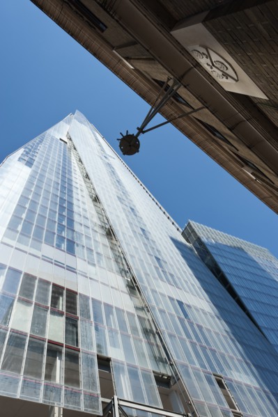 England, London, London Bridge Quarter Looking up at the Shard designed by Renzo Piano opened in