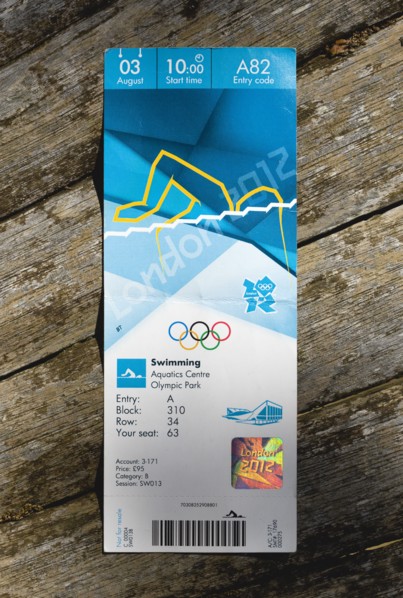 England, London, Official ticket for a Swimming session in the Aquatic Centre in the Olympic Park.