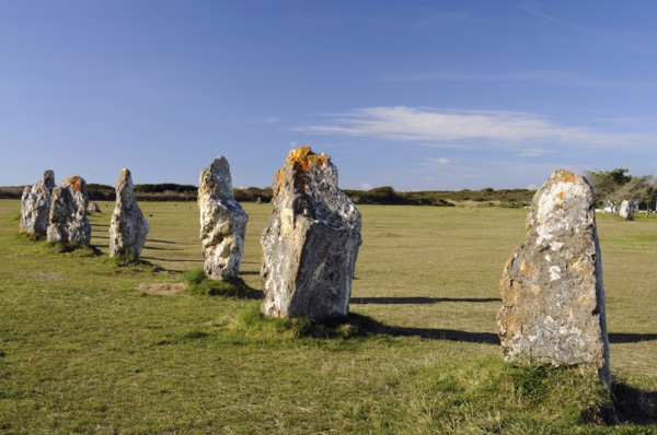 France, Brittany, Lagatjar, Alignment de Lagatjar standing stones near Cameret-sur-Mer. Photo : Bob