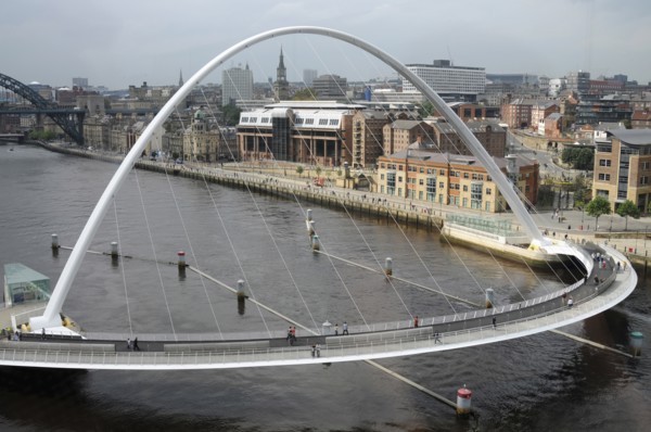 England, Tyneside, Gateshead, Millennium Bridge in closed position from the Baltic Arts Centre