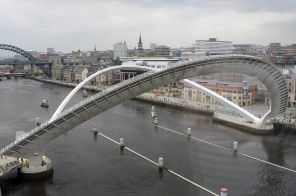 England, Tyneside, Gateshead, Millennium Bridge in open position from the Baltic Arts Centre