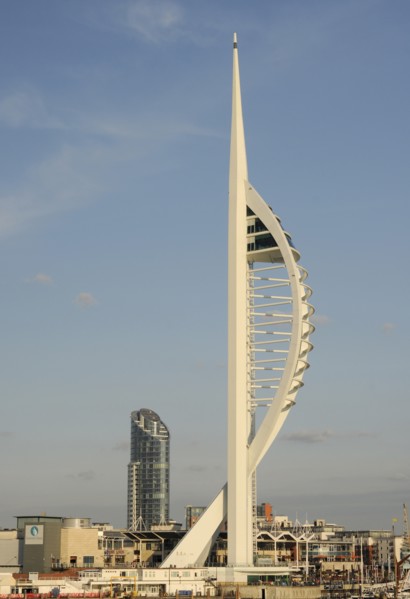 England, Hampshire, Portsmouth, Spinnaker Tower and Gunwharf Quay shopping center seen from the
