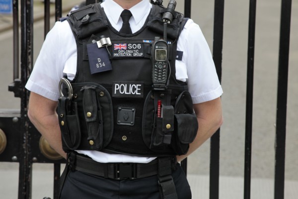 England, London, Detail of Police stab proof vest with various accessories. Photo : Sean Aidan