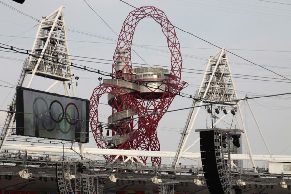 England, London, Stratford Olympic Park Detail of the Orbit by Anish Kapoor seen from within the