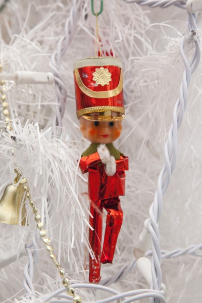Festivals, Religious, Christmas, Detail of tree decorated with lights tinsel and various baubles.