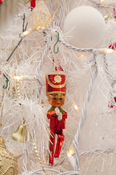 Festivals, Religious, Christmas, Detail of tree decorated with lights tinsel and various baubles.