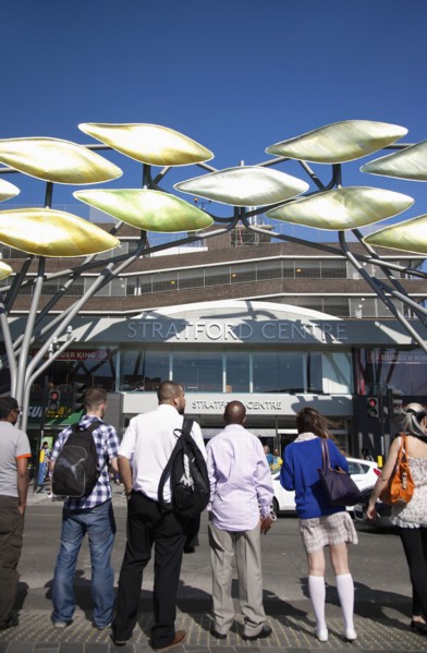 England, London, View of Stratford Shopping Centre showing the Stratford Shoalsculpture. 
Photo