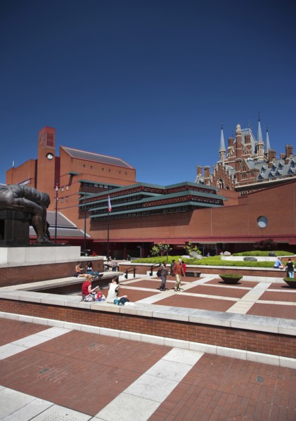 England, London, View of the British Library showing Eduardo Paolozz sculpture Euston Road. 
Photo