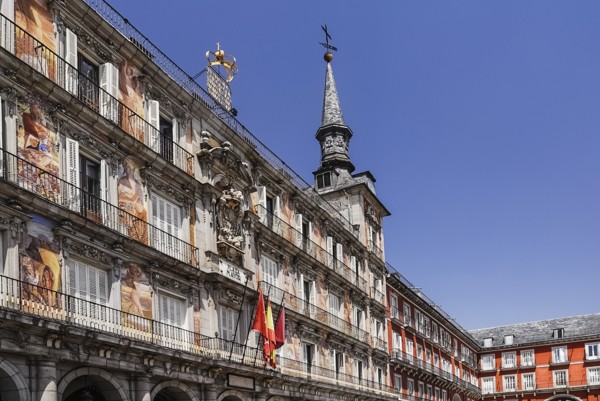 Spain, Madrid, Plaza Mayor Colorful murals on the Casa de la Panaderia. 
Photo Hugh Rooney / Eye