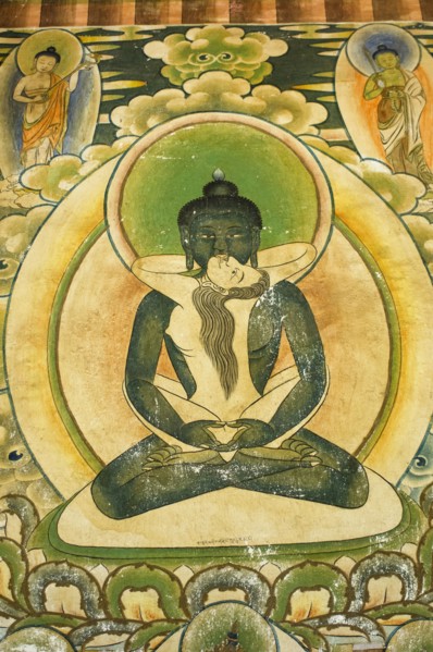 Bhutan, Lhuentse Dzong, Erotic mandala of Tshokey Dorji in the entrance to the Monastery. . 
Photo