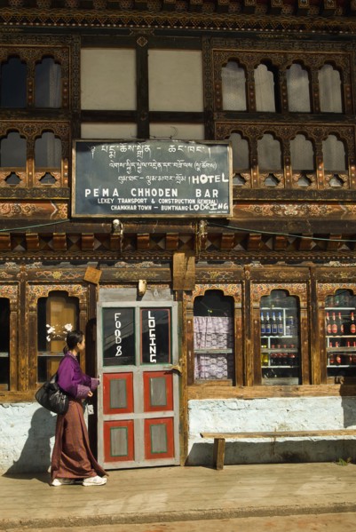 Bhutan, Bumthang District , Jakar, Exterior of local hotel.