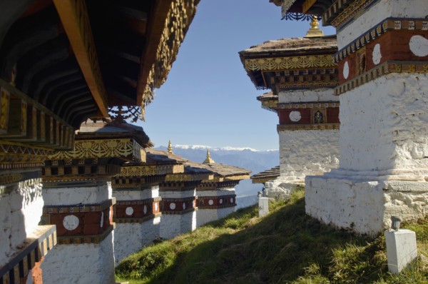 Bhutan, Dochu La, Chortens to commemorate victory of the 4th King in battle near Thimphu. 
Photo
