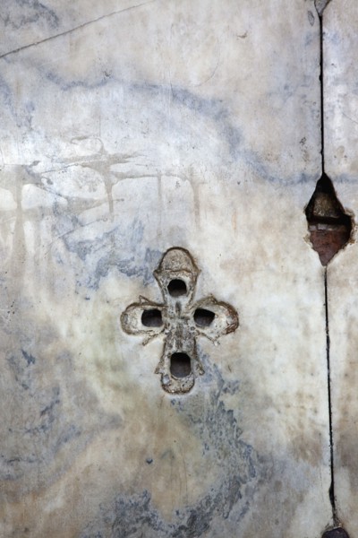Turkey, Istanbul, Fatih, Sultanahmet, Haghia Sofia interior, cross carved into the marble. 
Photo