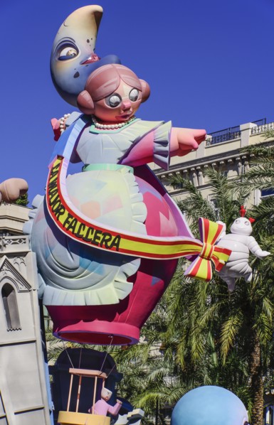 Spain, Valencia Province, Valencia, Las Fallas scene with Papier Mache figure on a Bus Turistic in