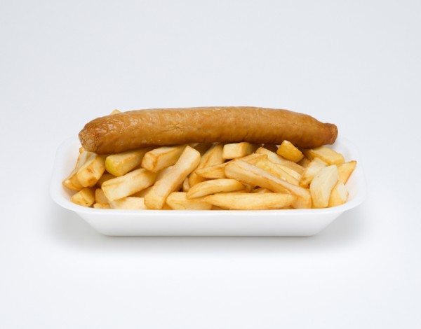 Food, Cooked, Meat, Fried pork sausage and potato chips