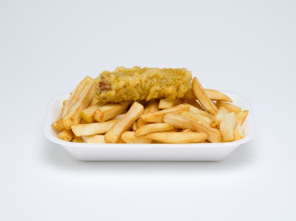 Food, Cooked, Meat, A single battered pork sausage with potato chips
