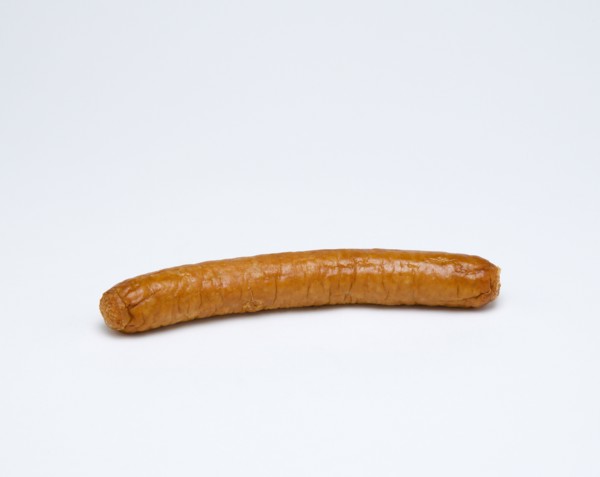 Food, Cooked, Meat, Single fried pork sausage on a white background.