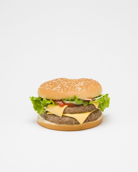 Food, Cooked, Meat, Double cheesburger with salad in a bun on a white background.