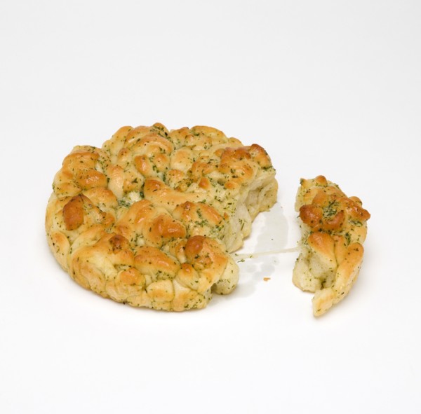 Food, Cooked, Bread, Torn loaf of cheese and herb tear and share bread on a white background.