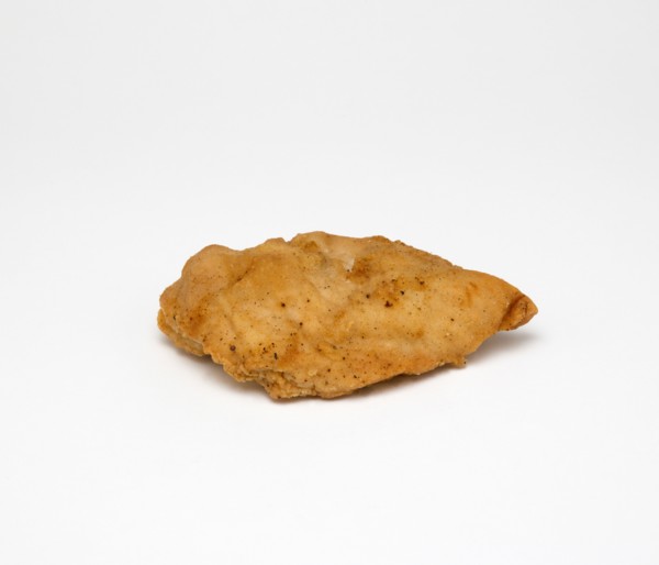 Food, Cooked, Poultry, Single battered chicken breast fillet on a white background.