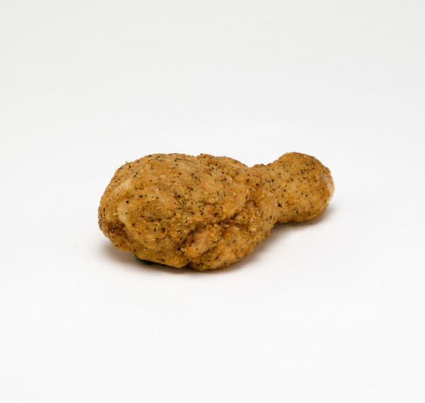 Food, Cooked, Poultry, Single breaded chicken drumstick on a white background.