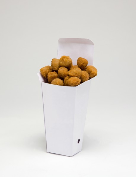 Food, Cooked, Poultry, Chicken popcorn in a cardboard box on a white background.