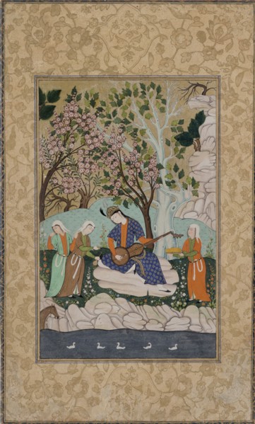 Prince jouant du luth à long manche au bord de la rivière