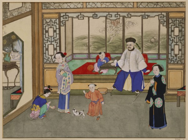 Enfants jouant sous le regard de leurs parents, vers 1860