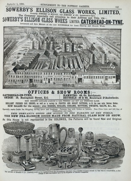 Publicité pour les ateliers de verre Sowerby's Ellison