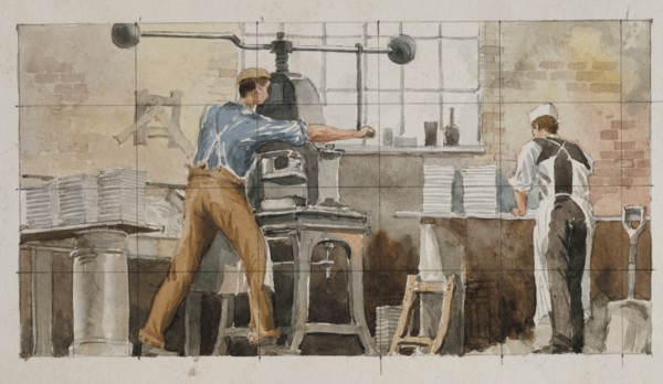 Rowe, Mise au carreau : partie d'une frise en céramique représentant les ateliers Doultons Lambeth Pottery