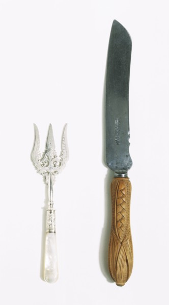 Bread knife and fork, by Wingfield Rowbothan & Co. Sheffield, England, 1885-96.