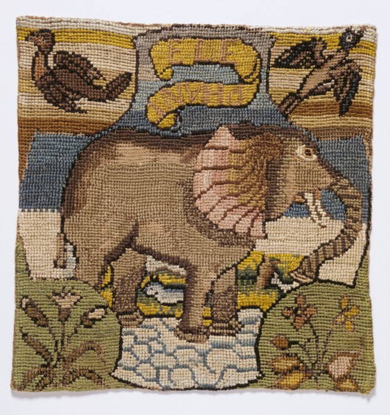 Elephant, from the Oxburgh Hanging, by Mary Queen of Scots and Elizabeth Talbot, Countess of Shrewsbury. England, 1570