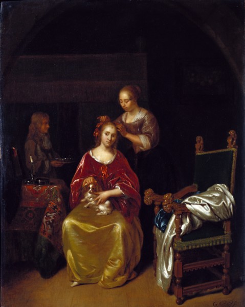A Lady at her toilet, by Caspar Netscher. Dresden, Germany, mid-17th century
