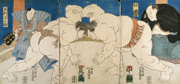 Triptych of Two Sumo Wrestlers and Umpire, by Utagawa Kunisada. Japan, 19th century