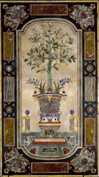 Vase with flowers and fruit, marble inlaid panel. Florence, Italy, 1675