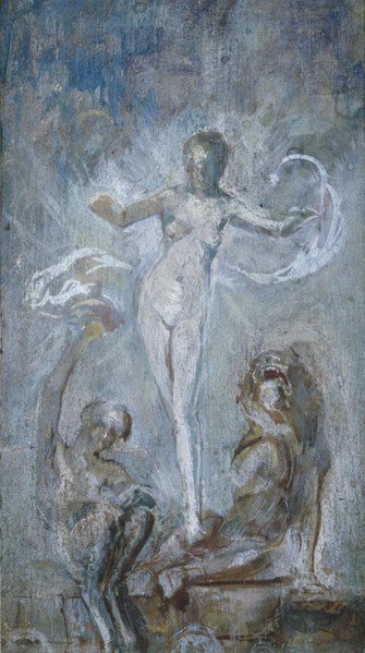 Standing female nude between a lion and a satyre, by Sir Alfred Gilbert. England, 20th century