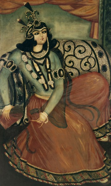 Lady resting against a cushion. Iran, Qajar dynasty, 19th-20th century